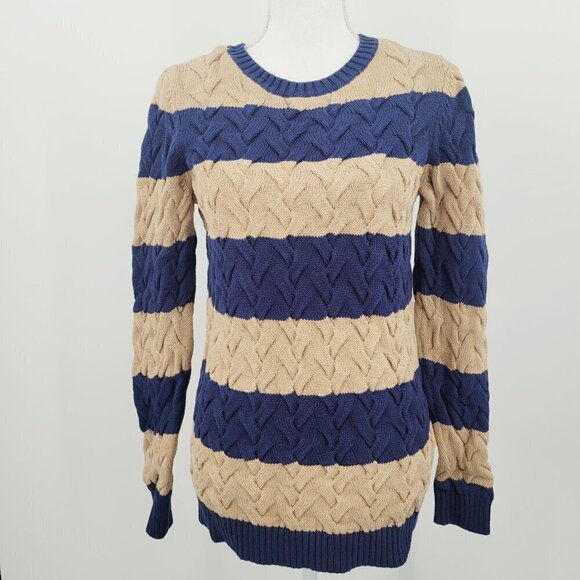 Land's End Drifter Cable Knit Navy & Tan Stripe Pullover Cotton Sweater - Picture 3 of 8